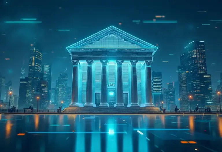 Traditionelle und moderne Bankensymbole auf globaler Bühne.