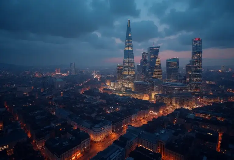Panorama europäischer Finanzzentren bei Sonnenuntergang, Integration symbolisierend.