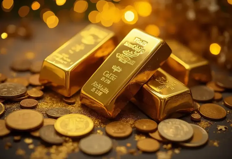 Goldbarren und Münzen vor einem Hintergrund globaler Krisen und Wirtschaftstrends.
