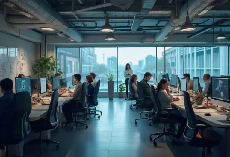 Mehrere Teams arbeiten in moderner Büroumgebung an digitalen Geräten.