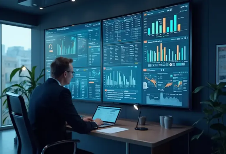 Ein Büro mit einem ERP-Dashboard auf einem großen Bildschirm, das die Vorteile der Systeme für KMU zeigt.