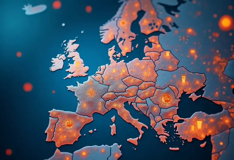 Eine Darstellung der EU mit Symbolen der Inflation und Wirtschaft in 16:9.