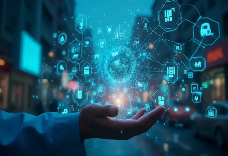 Futuristische Darstellung der Tierkrankenversicherung in Deutschland in einem urbanen Kontext.