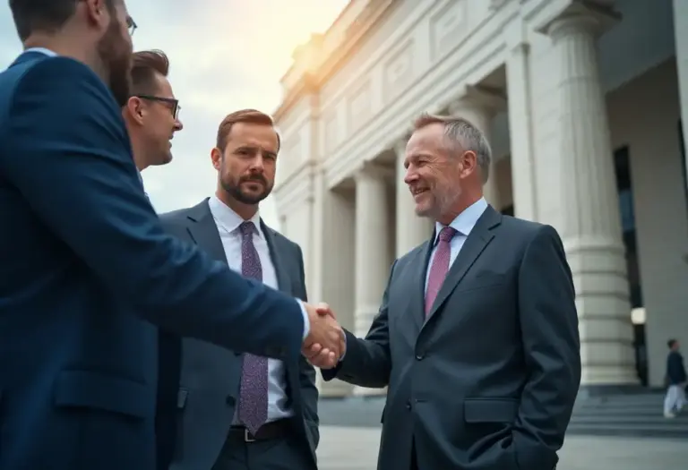 Ein Unternehmer und ein Politiker schütteln sich vor einem Finanzgebäude die Hände.
