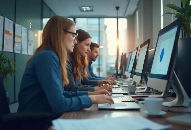 Team von Steuerberatern arbeitet in einer modernen Büroumgebung mit DATEV-Software.