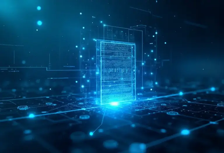 Ein futuristisches Bild einer digitalen Schutzmauer, die ein Gebäude schützt.