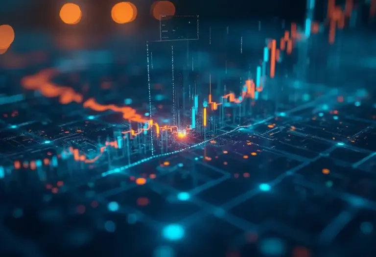 Symbolische Darstellung von Finanzdaten und Marktdiagrammen, die Fiskalpolitik und Märkte verbinden.