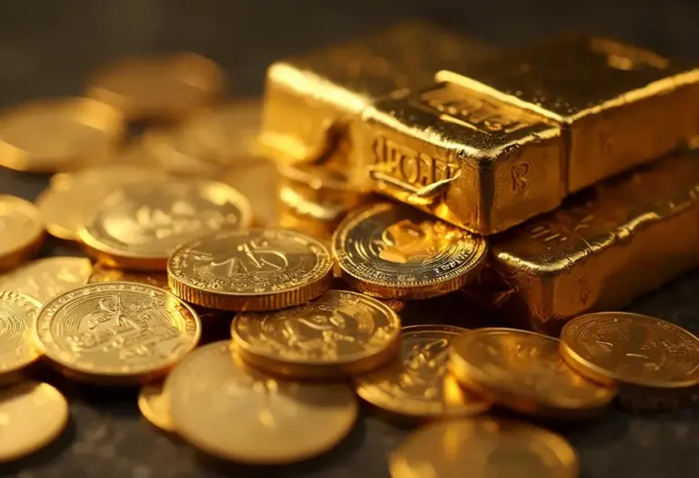 Glänzende Goldmünzen und Barren vor einem globalen Finanzhintergrund.