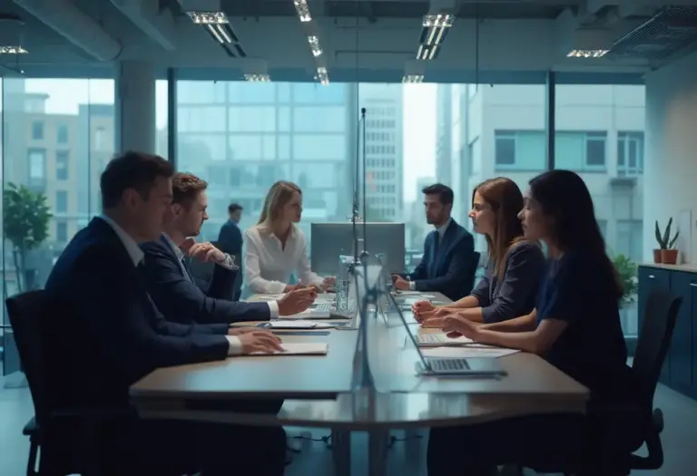 Personen diskutieren Finanzstrategien in einem modernen Büro.