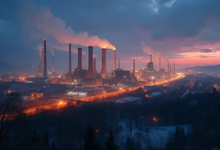 Rauchende Fabriksilhouette als Symbol für steigende Energiepreise aufgrund des Nahost-Konflikts.